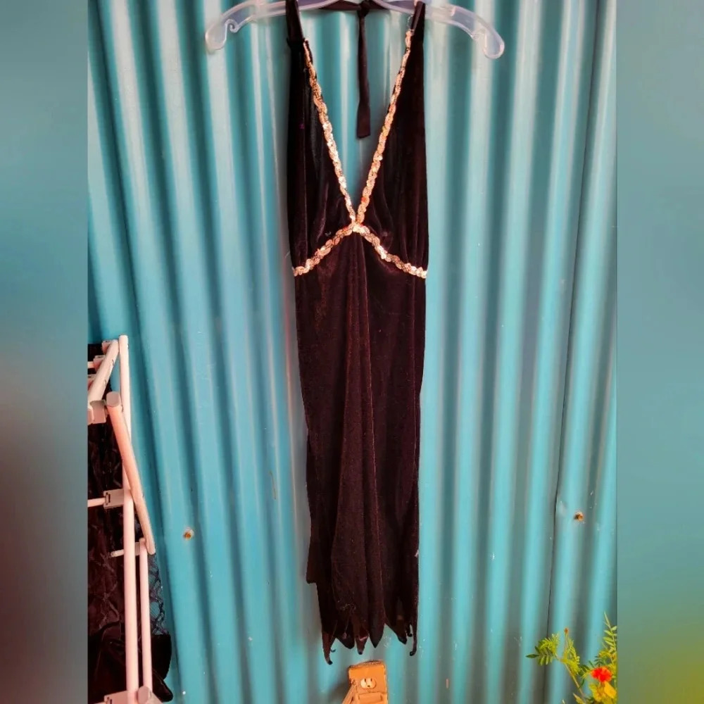 Black velvet halter dress with silver sequins Tie back Halloween Flapper Dress